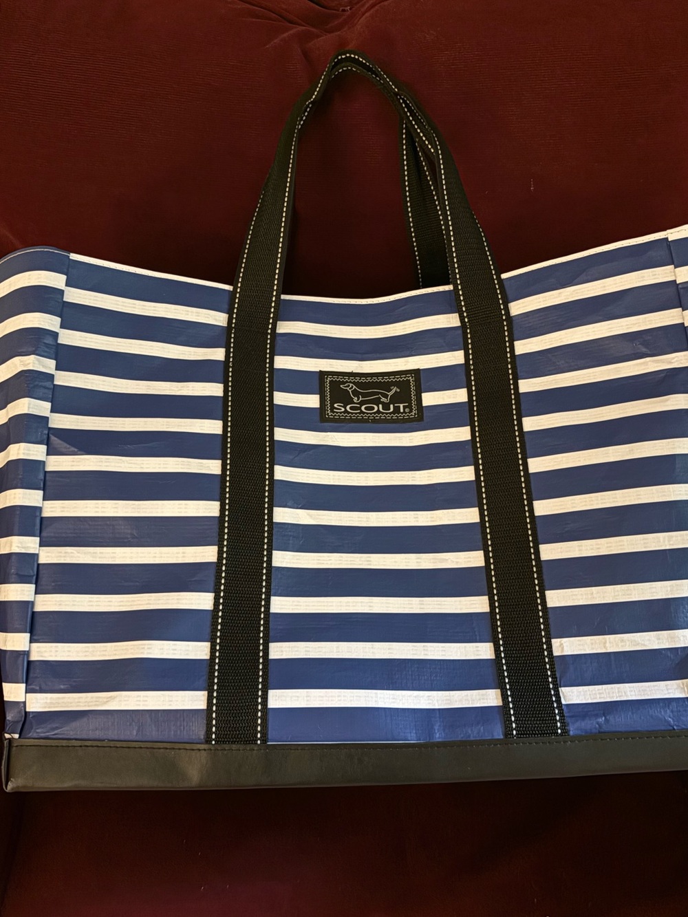 Scout Ex. Large Striped Tote in Blue and White with Black Handles